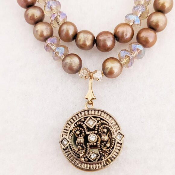 Handmade Double Strand Gold Pearl and Crystal Necklace with Photo Locket - Picture 3 of 7